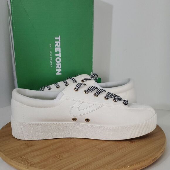 Tretorn NY Lite Bold White Canvas Platform Sneakers Gingham Ribbon Laces W10 - Picture 6 of 10